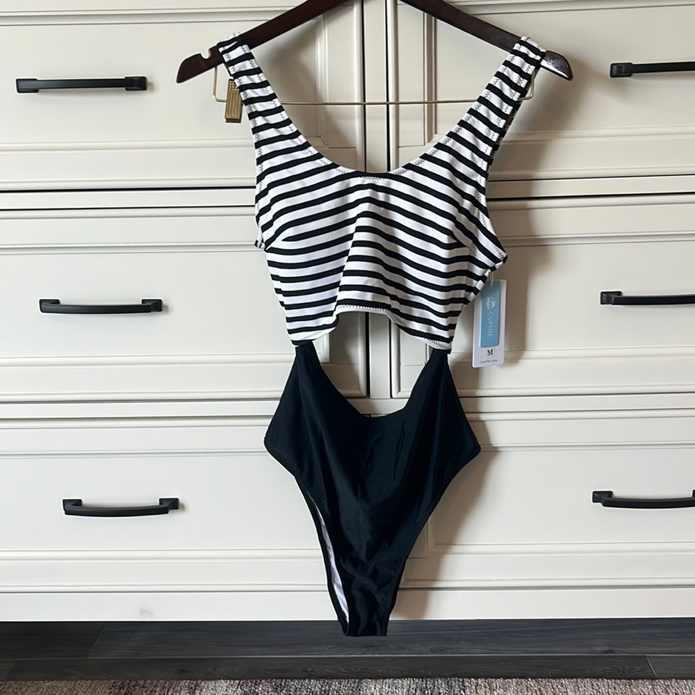 Cupshe One Piece Black & White Striped Bathing Suit